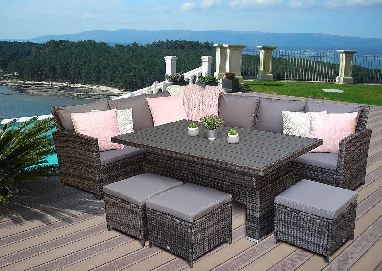 Charlotte Grey Rattan Corner Sofa Garden Furniture Adjustable Dining Table Set