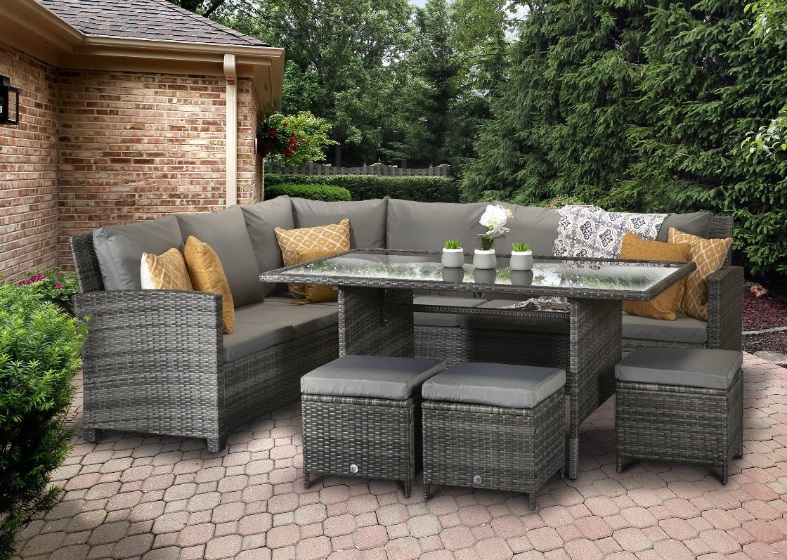 Charlotte Grey Rattan Corner Sofa Outdoor Garden Furniture Dining Table Set