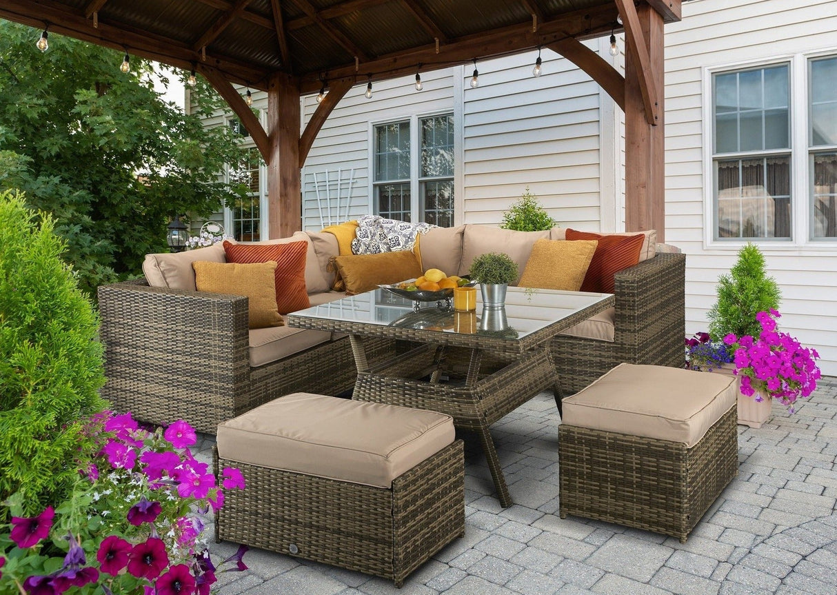 Gozo Brown Natural Rattan Corner Sofa Dining Table Set Aluminium Frame Garden Furniture