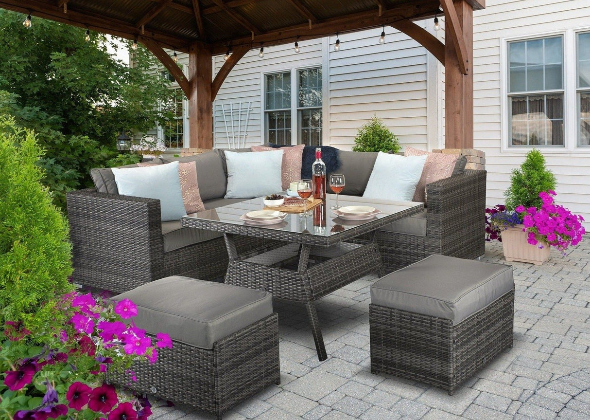 Gozo Grey Rattan Corner Sofa Dining Table Set. Aluminum Frame Garden Furniture